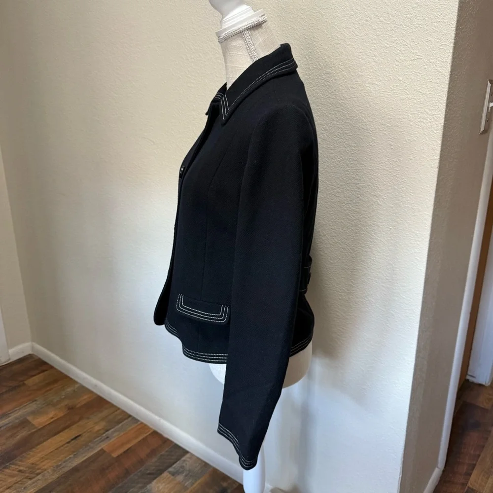 GAP Jacket Black Wool Blend Collared White Stitch Trim Pockets Lined Size Med - Picture 2 of 16